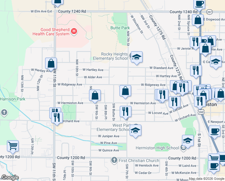 map of restaurants, bars, coffee shops, grocery stores, and more near 235 Northwest Butte Drive in Hermiston