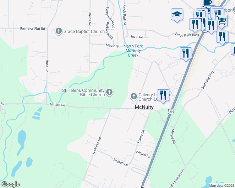 map of restaurants, bars, coffee shops, grocery stores, and more near 58241 South Division Road in St. Helens