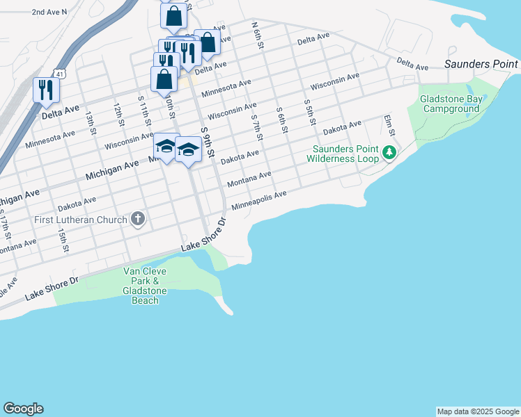 map of restaurants, bars, coffee shops, grocery stores, and more near 709 Minneapolis Avenue in Gladstone