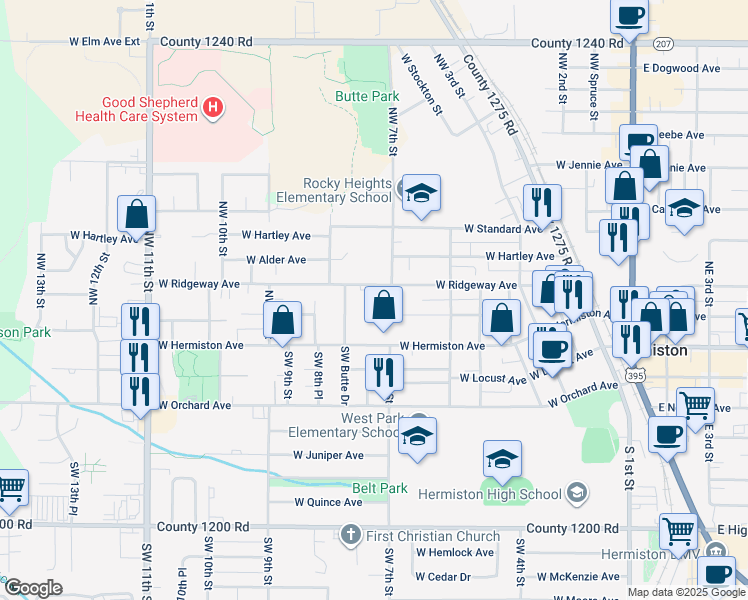 map of restaurants, bars, coffee shops, grocery stores, and more near 725 West Ridgeway Avenue in Hermiston