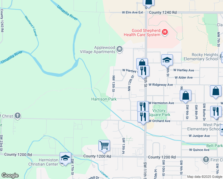 map of restaurants, bars, coffee shops, grocery stores, and more near 245 Northwest 13th Street in Hermiston