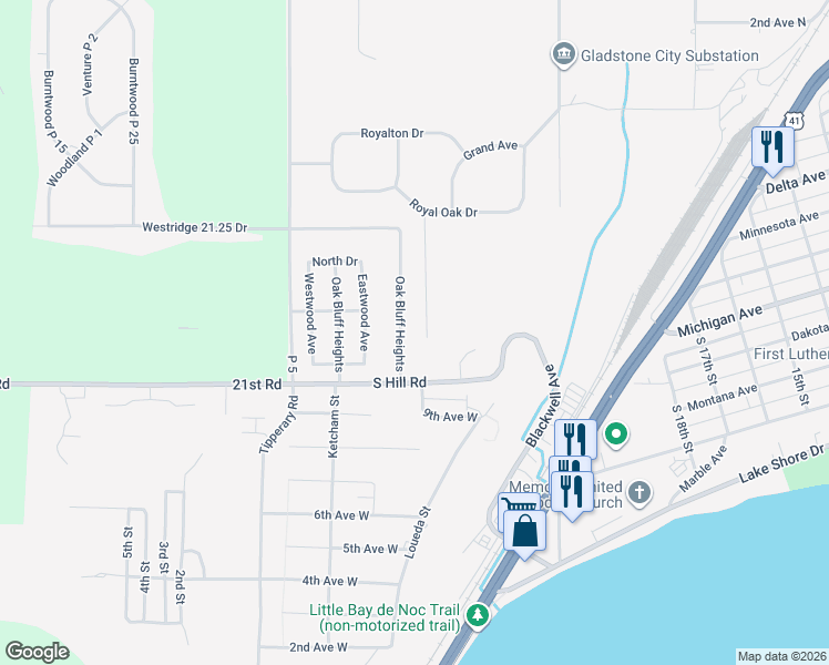 map of restaurants, bars, coffee shops, grocery stores, and more near Oak Bluff Heights in Gladstone