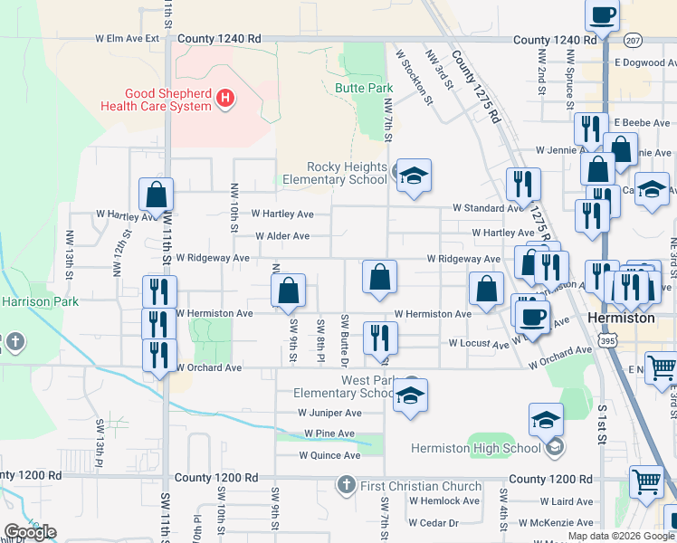 map of restaurants, bars, coffee shops, grocery stores, and more near 235 Northwest Butte Drive in Hermiston
