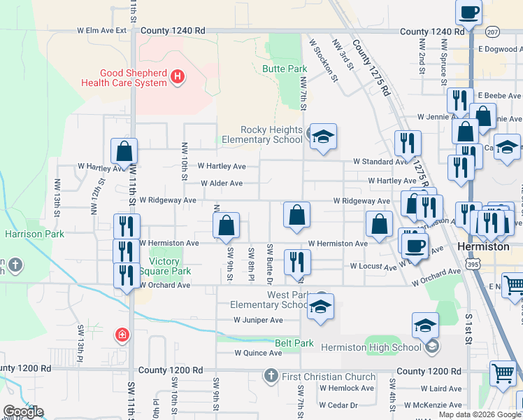 map of restaurants, bars, coffee shops, grocery stores, and more near 235 Northwest Butte Drive in Hermiston