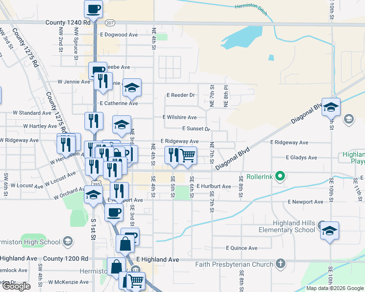map of restaurants, bars, coffee shops, grocery stores, and more near 517 East Gladys Avenue in Hermiston
