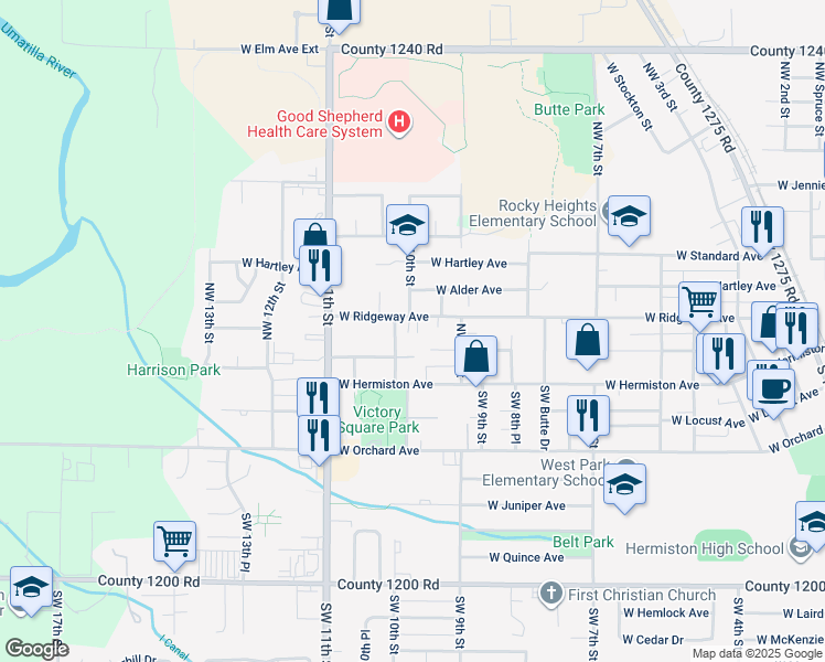 map of restaurants, bars, coffee shops, grocery stores, and more near 940 West Madrona Avenue in Hermiston