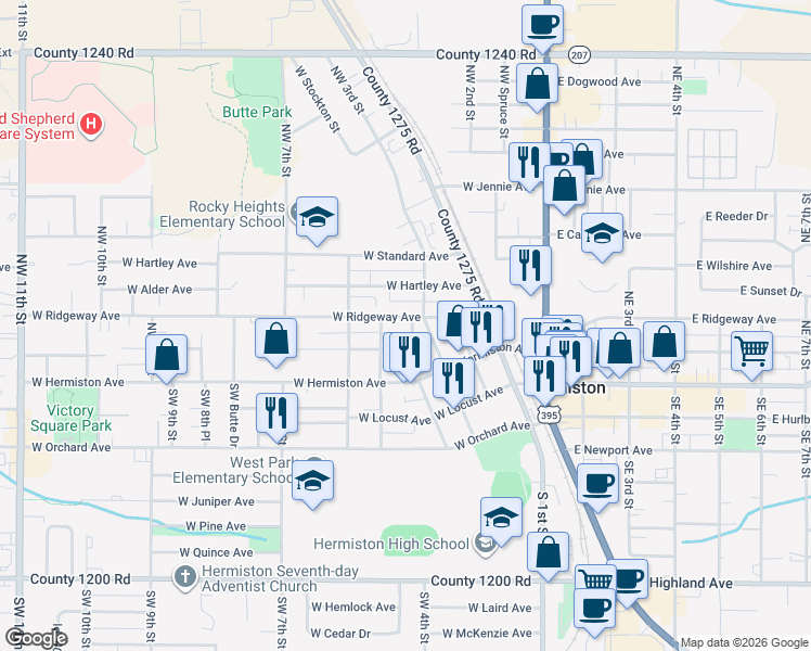 map of restaurants, bars, coffee shops, grocery stores, and more near 200 Northwest 5th Street in Hermiston
