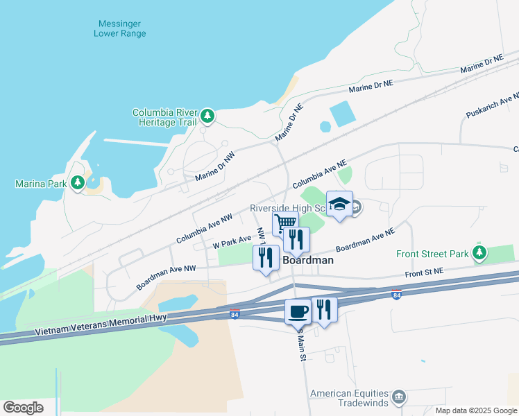 map of restaurants, bars, coffee shops, grocery stores, and more near 301 1st Street Northeast in Boardman
