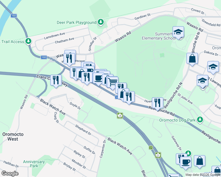 map of restaurants, bars, coffee shops, grocery stores, and more near 275 New Brunswick 102 in Oromocto