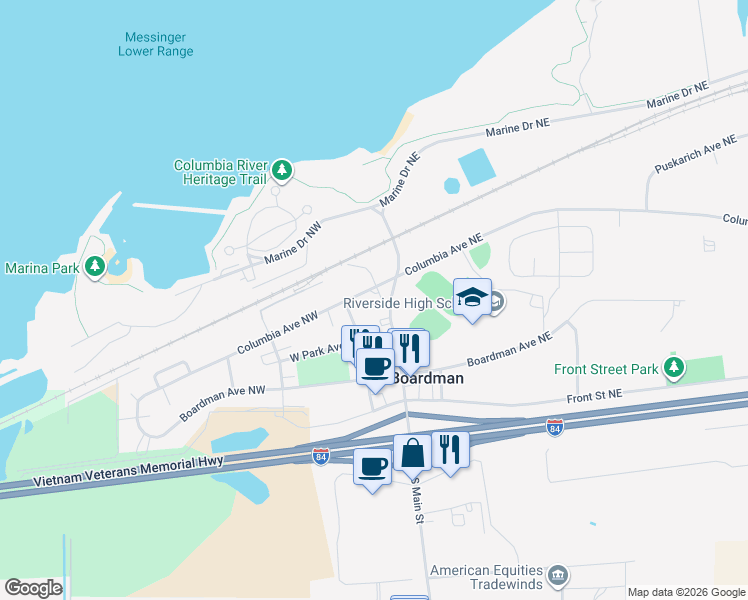 map of restaurants, bars, coffee shops, grocery stores, and more near 301 1st Street Northeast in Boardman