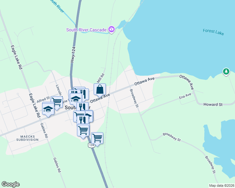 map of restaurants, bars, coffee shops, grocery stores, and more near 7 Main Street in South River