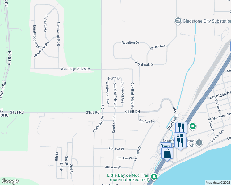 map of restaurants, bars, coffee shops, grocery stores, and more near Oak Bluff Heights in Gladstone
