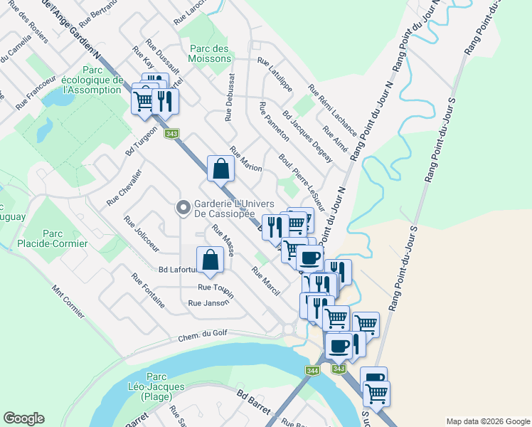 map of restaurants, bars, coffee shops, grocery stores, and more near 927 Rue Vaillant in L'Assomption