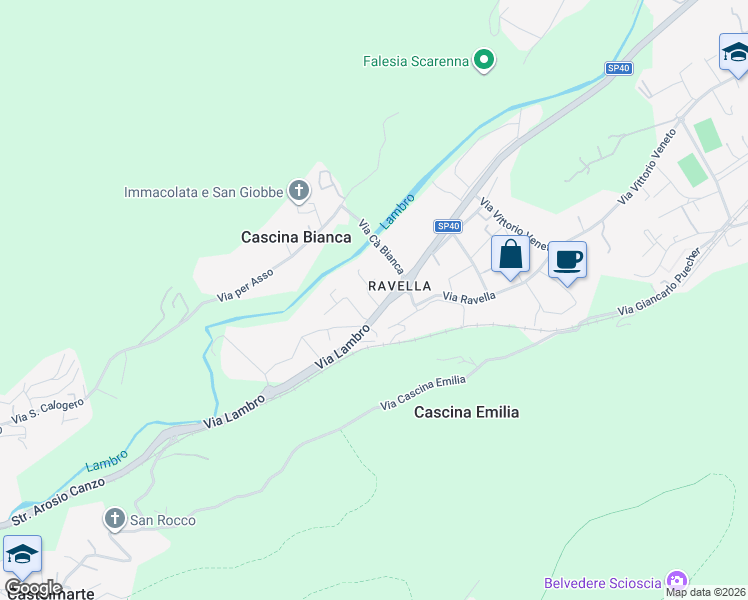 map of restaurants, bars, coffee shops, grocery stores, and more near 27 Via Lambro in Castelmarte