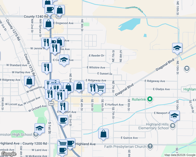 map of restaurants, bars, coffee shops, grocery stores, and more near 510 East Sunset Drive in Hermiston