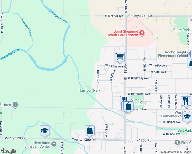 map of restaurants, bars, coffee shops, grocery stores, and more near 330 Northwest 13th Street in Hermiston