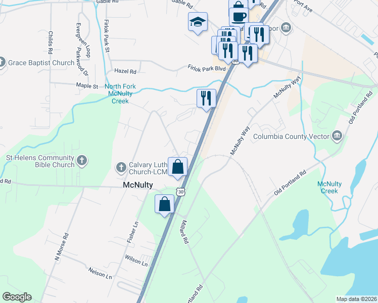 map of restaurants, bars, coffee shops, grocery stores, and more near 58389 Columbia River Highway in St. Helens
