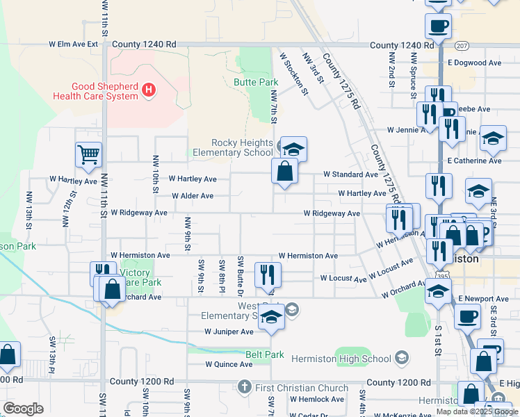 map of restaurants, bars, coffee shops, grocery stores, and more near 335 Northwest 7th Street in Hermiston