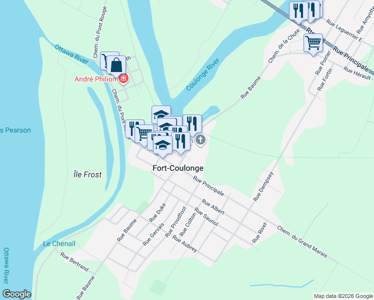 map of restaurants, bars, coffee shops, grocery stores, and more near 530 Rue Baume in Fort-Coulonge