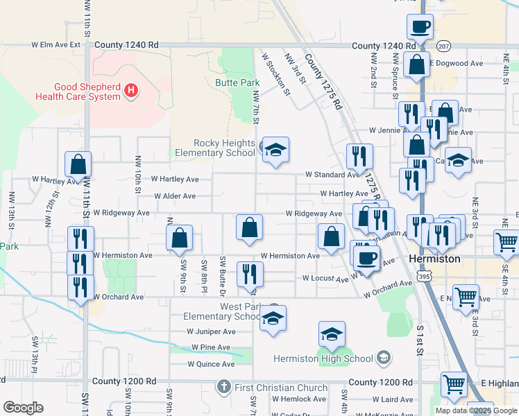 map of restaurants, bars, coffee shops, grocery stores, and more near 335 Northwest 7th Street in Hermiston