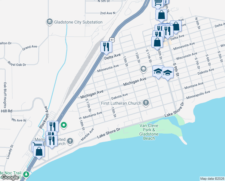 map of restaurants, bars, coffee shops, grocery stores, and more near 1400-1498 Michigan Ave in Gladstone
