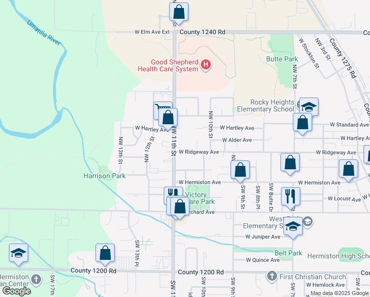 map of restaurants, bars, coffee shops, grocery stores, and more near 1080 West Ridgeway Avenue in Hermiston