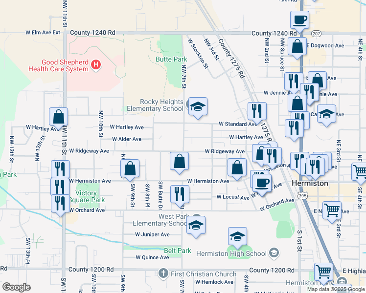 map of restaurants, bars, coffee shops, grocery stores, and more near 335 NW 7th St in Hermiston