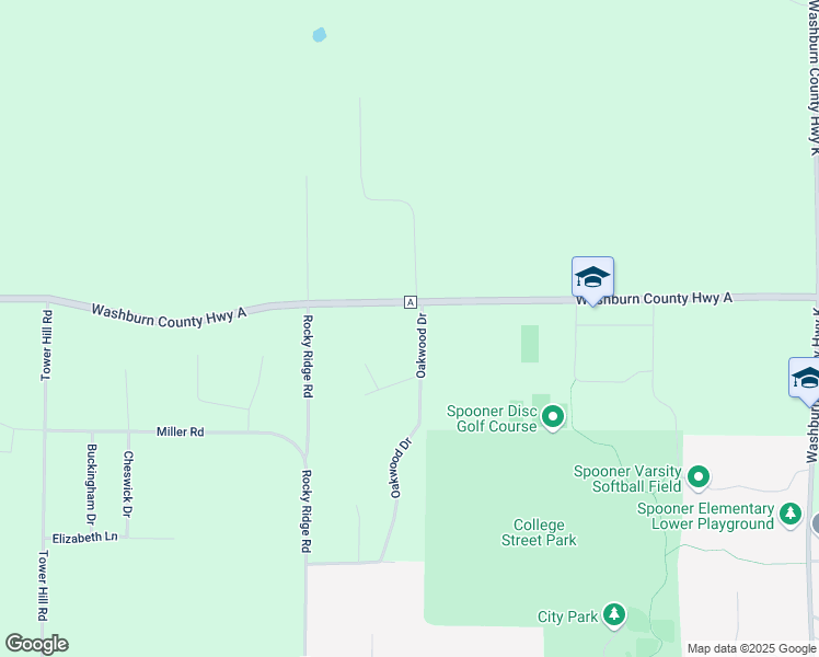 map of restaurants, bars, coffee shops, grocery stores, and more near N5681 Oakwood Drive in Spooner