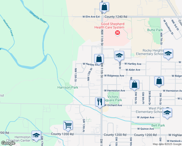 map of restaurants, bars, coffee shops, grocery stores, and more near 375A Northwest 12th Street in Hermiston