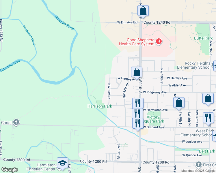 map of restaurants, bars, coffee shops, grocery stores, and more near 330 Northwest 13th Street in Hermiston