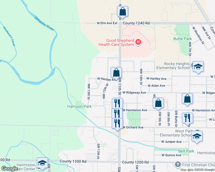 map of restaurants, bars, coffee shops, grocery stores, and more near 375A Northwest 12th Street in Hermiston