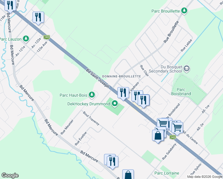 map of restaurants, bars, coffee shops, grocery stores, and more near 4511 Boulevard Saint-Joseph in Drummondville