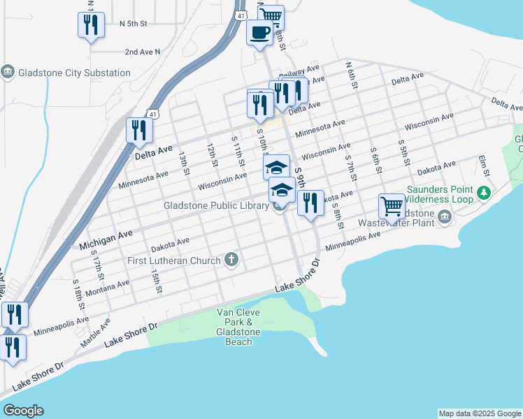 map of restaurants, bars, coffee shops, grocery stores, and more near 300 South 10th Street in Gladstone