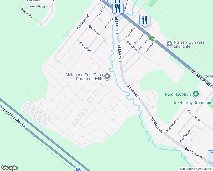 map of restaurants, bars, coffee shops, grocery stores, and more near 620 Avenue du Vigneron in Drummondville