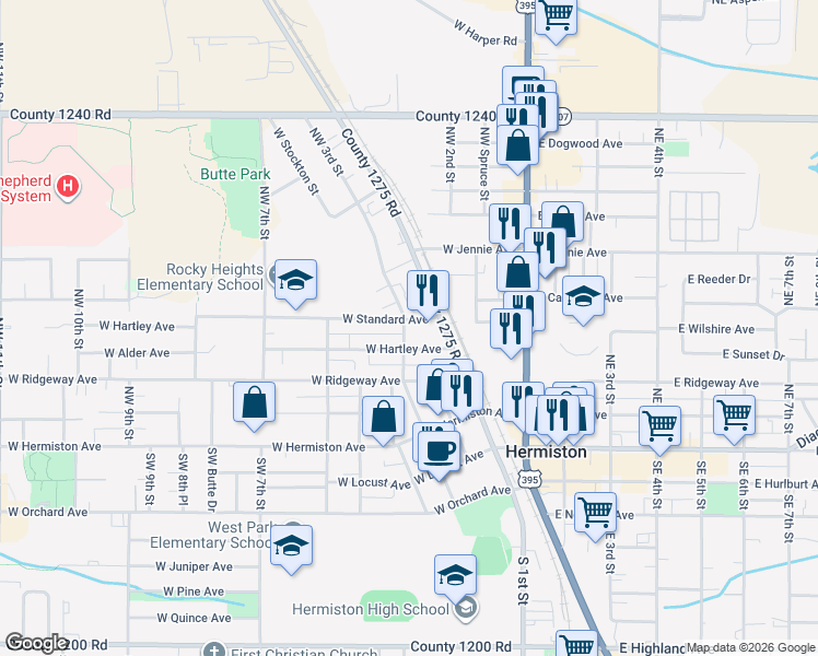 map of restaurants, bars, coffee shops, grocery stores, and more near 510 Northwest 3rd Street in Hermiston
