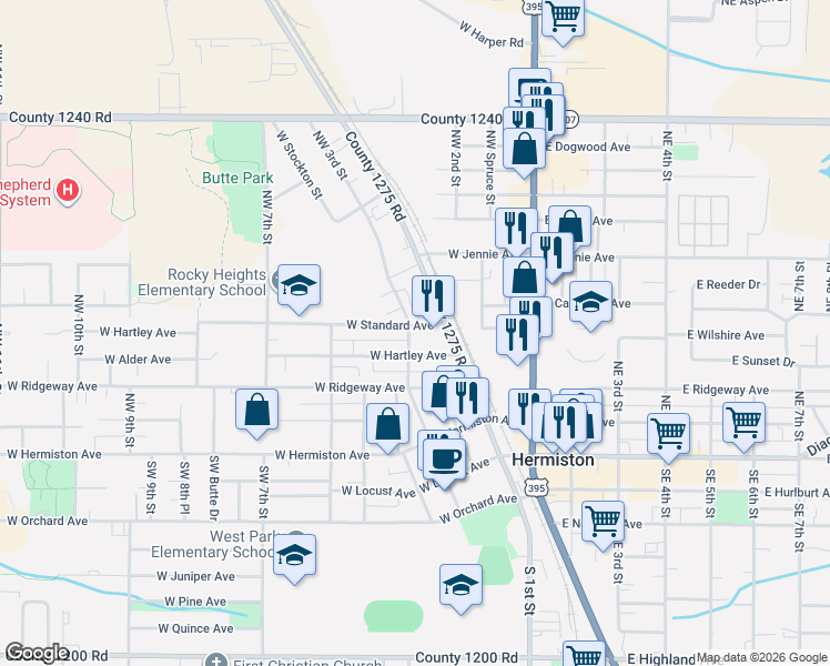 map of restaurants, bars, coffee shops, grocery stores, and more near 490 Northwest 3rd Street in Hermiston