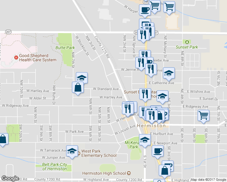 map of restaurants, bars, coffee shops, grocery stores, and more near 245 West Standard Avenue in Hermiston
