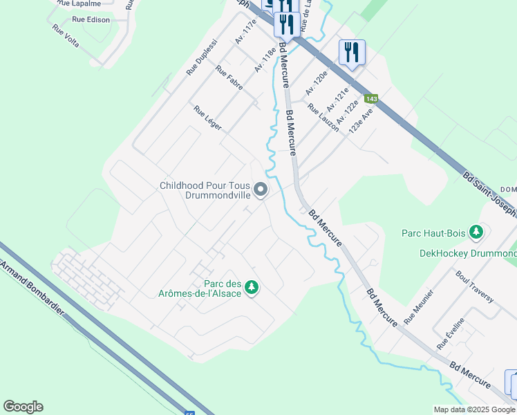 map of restaurants, bars, coffee shops, grocery stores, and more near 599 Avenue du Vigneron in Drummondville