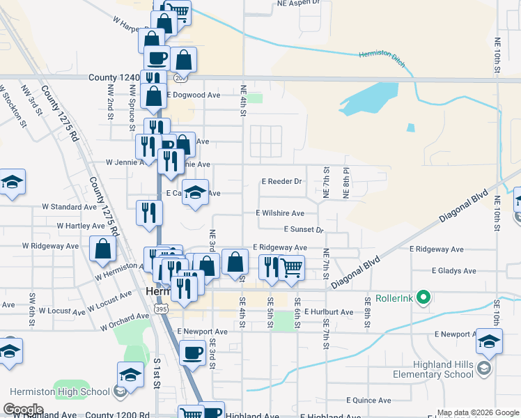 map of restaurants, bars, coffee shops, grocery stores, and more near 535 East Reeder Drive in Hermiston