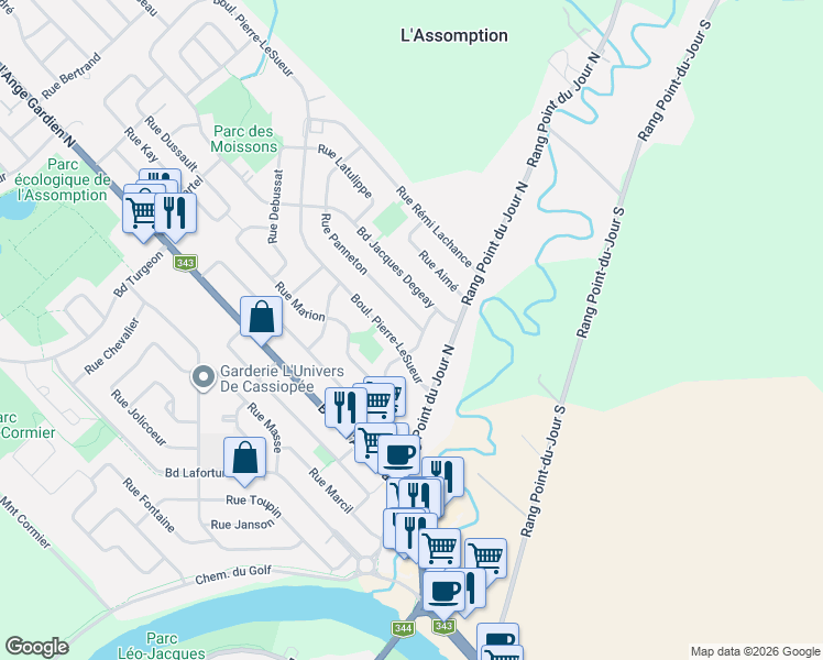 map of restaurants, bars, coffee shops, grocery stores, and more near in L'Assomption