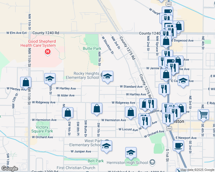 map of restaurants, bars, coffee shops, grocery stores, and more near 650 West Standard Avenue in Hermiston
