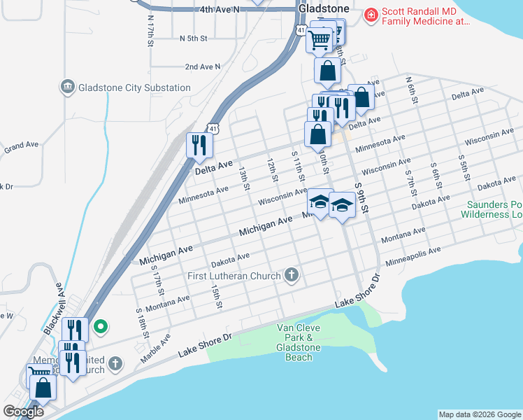 map of restaurants, bars, coffee shops, grocery stores, and more near 1200-1298 Wisconsin Avenue in Gladstone