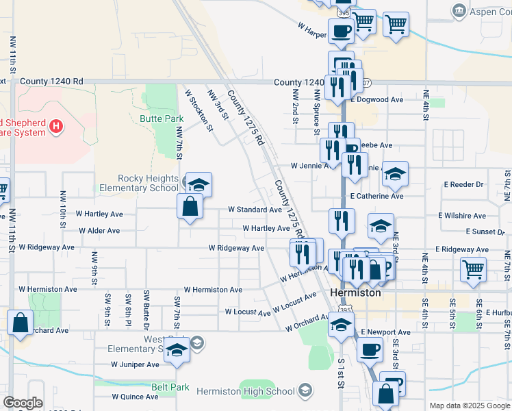map of restaurants, bars, coffee shops, grocery stores, and more near 510 Northwest 3rd Street in Hermiston