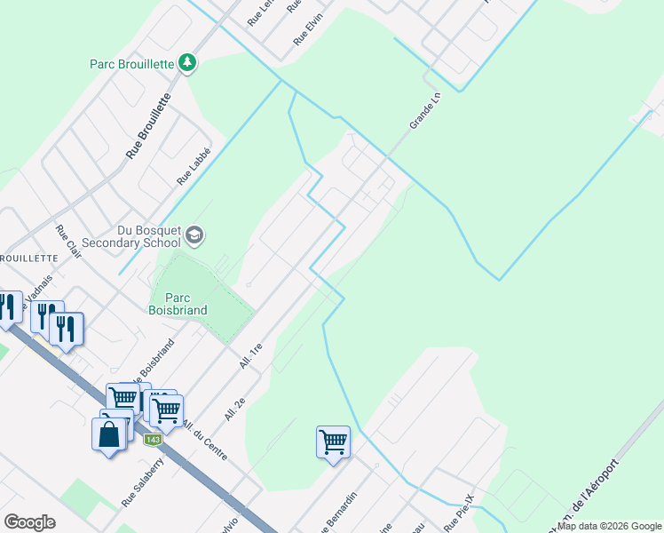 map of restaurants, bars, coffee shops, grocery stores, and more near 1078 Allée 1re in Drummondville