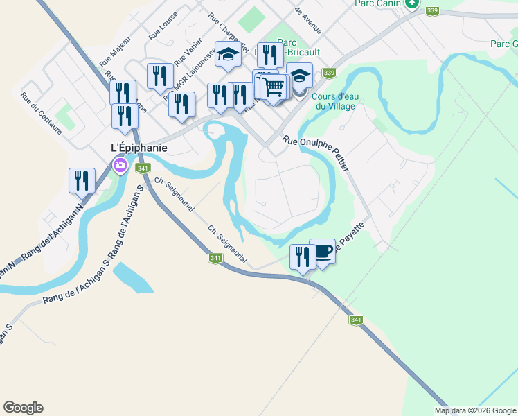 map of restaurants, bars, coffee shops, grocery stores, and more near Place Carignan in L'Épiphanie