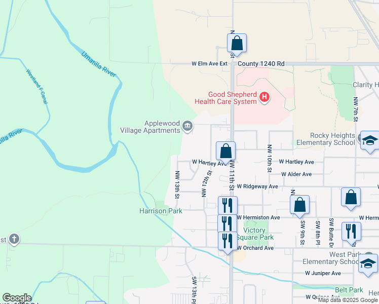 map of restaurants, bars, coffee shops, grocery stores, and more near 542 Northwest 12th Street in Hermiston