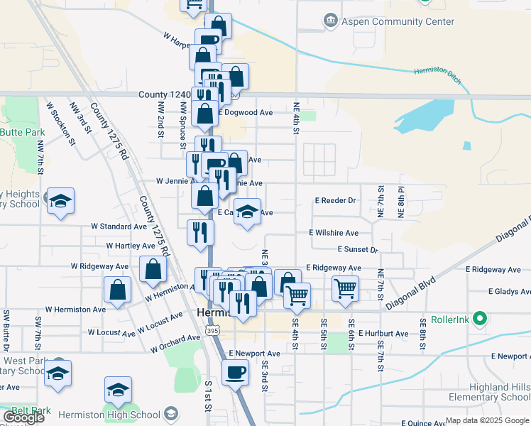 map of restaurants, bars, coffee shops, grocery stores, and more near 300 East Catherine Avenue in Hermiston