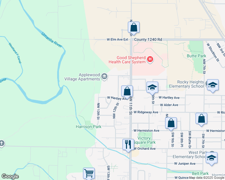 map of restaurants, bars, coffee shops, grocery stores, and more near 540 Northwest 12th Street in Hermiston