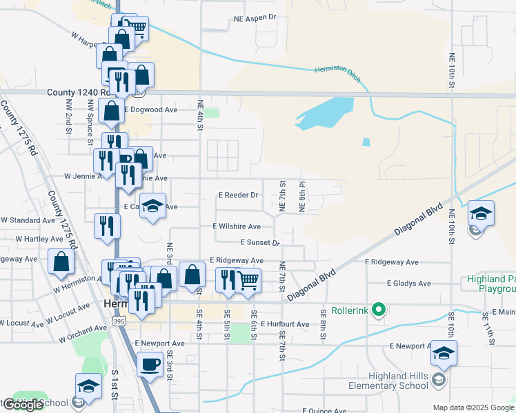 map of restaurants, bars, coffee shops, grocery stores, and more near 615 Northeast 6th Street in Hermiston