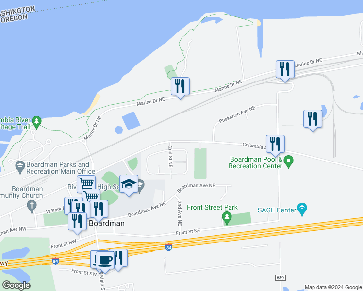 map of restaurants, bars, coffee shops, grocery stores, and more near 363 Marshall Loop Northeast in Boardman